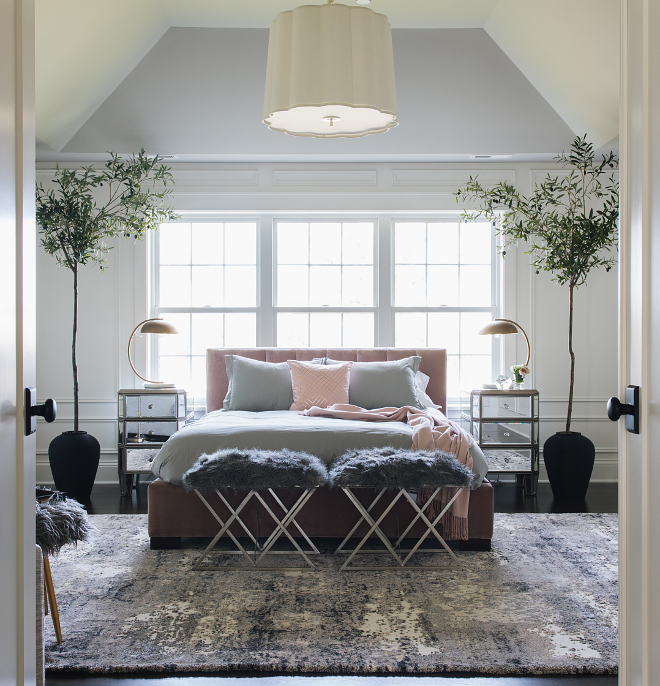 Ozark Shadows by Benjamin Moore with blush pink and grey color scheme bed Channel Tufted Bed blush bed Blush and grey color scheme #OzarkShadowsBenjaminMoore #colorscheme #blush #grey