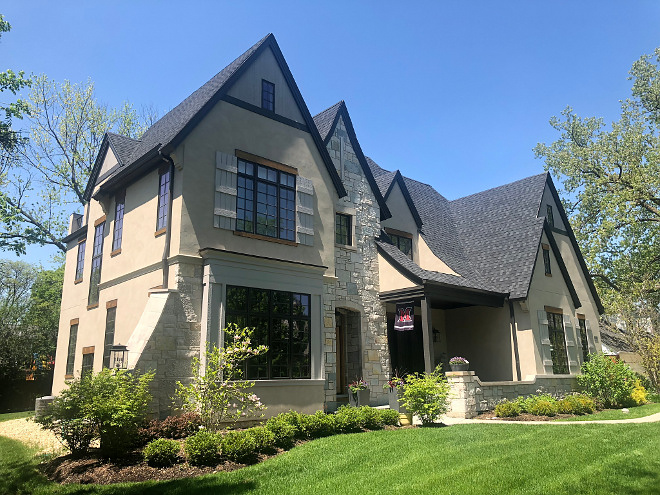 French style home Tan stucco Home with Black trim grey stone and grey shutters Home French style home Tan stucco Home with Black trim grey stone and grey shutters Home #Frenchstylehome #Frenchstylehomes #Frenchhome