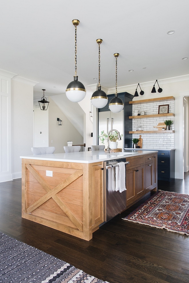 Farmhouse kitchen island with crossed sides and shiplap The x with shiplap kitchen island is Hickory with a natural stain #farmhousekitchenisland #farmhousekitchen #crossedislandsides #shiplapkitchenisland #shilapisland