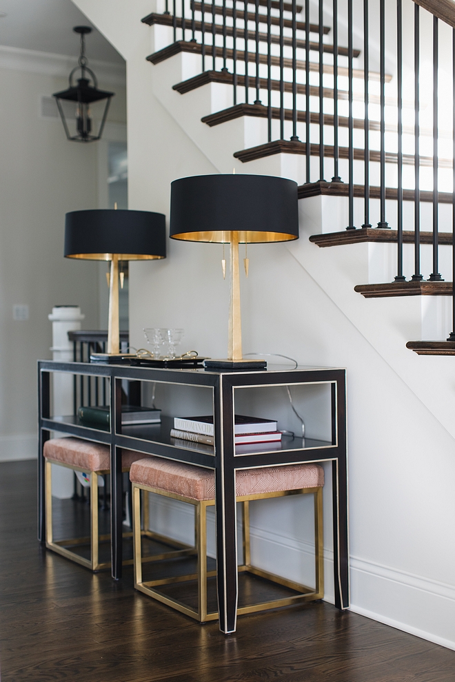 Foyer black console table with ottomans under Foyer black console Foyer console table #foyer #consoletable #ottomans #blackconsole