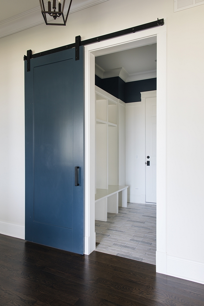 Mudroom Paint Colors All Benjamin Moore Beadboard Walls Simply White Top of Walls Blue Note 2129-30 Barn Door Blue Note 2129-30 #Mudroom #PaintColors #BenjaminMoore