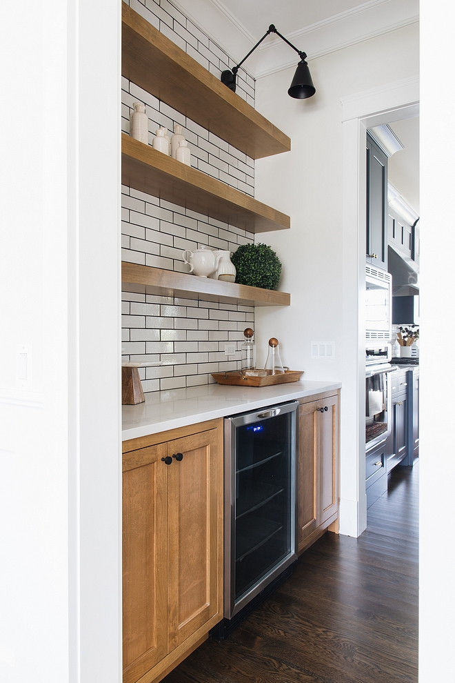 Butlers pantry Hickory Cabinet with Hickory Floating Shelves and subway tile with black grout Butlers pantry Hickory Cabinet with Hickory Floating Shelving #Butlerspantry #HickoryCabinet #FloatingShelves