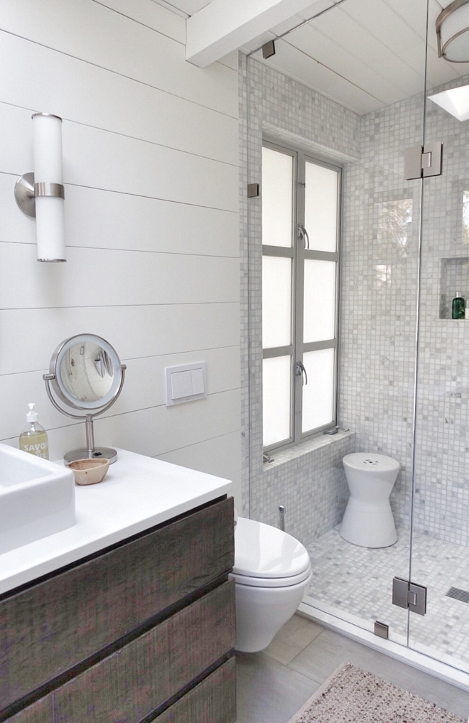 Bathroom Shiplap Paint is Benjamin Moore White Dove in satin finish on the wood walls Bathroom Shiplap Paint Bathroom Shiplap Paint Bathroom Shiplap Paint #BathroomShiplapPaint #bathroomshiplap #bathroom #shiplap #ShiplapPaint