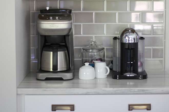 Kitchen Coffee Station with honed carrara marble countertop and light grey subway tile #kitchen #coffeestation #marblecountertop #greysubwaytile