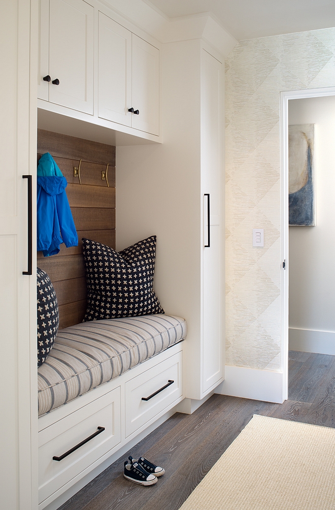 Mudroom Cabinet One wall Mudroom Lockers and bench The mudroom cabinet features a built-in bench with custom cushion and shiplap Cabinet paint color is Farrow and Ball All White Mudroom Cabinet One wall Mudroom Lockers and bench #Mudroom #MudroomCabinet #MudroomLockers #lockers #bench