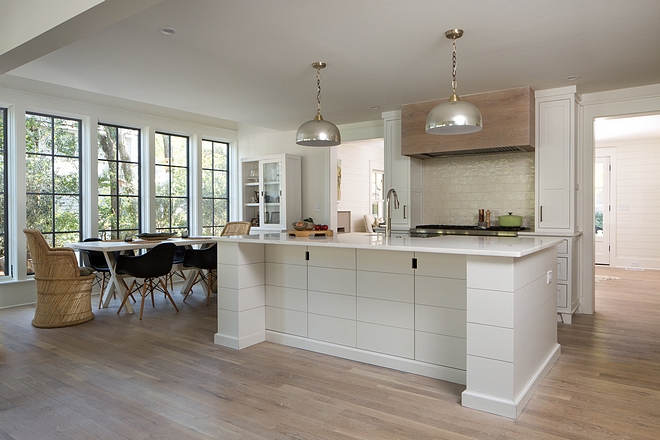 Shiplap Kitchen Island paint color White Dove by Benjamin Moore A sleek shiplap design was added to the kitchen island to bring a modern farmhouse look to this kitchen Kitchen Shiplap Kitchen Island paint color White Dove by Benjamin Moore #kitchen #ShiplapKitchenIsland #KitchenIsland #paintcolor #WhiteDoveBenjaminMoore