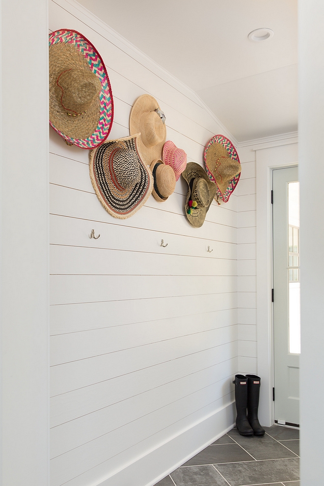 BM White Dove Mudroom features floor-to-ceiling shiplap painted in BM White Dove BM White Dove BM White Dove #BMWhiteDove