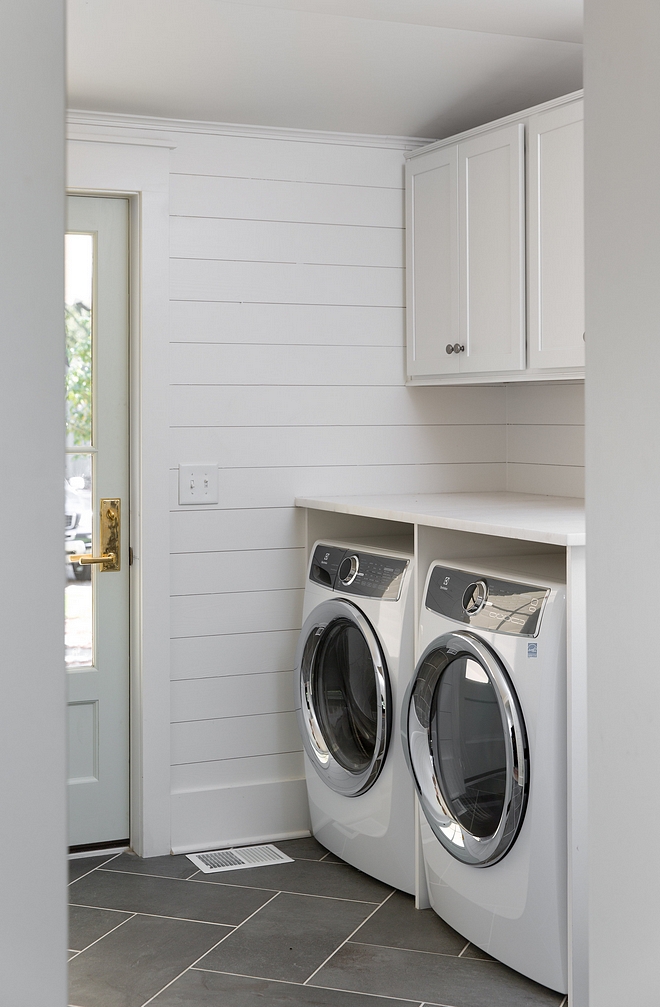 Benjamin Moore White Dove Laundry Room The laundry room features white shiplap painted in Benjamin Moore White Dove and a grey slate floor tile Benjamin Moore White Dove Laundry Room Benjamin Moore White Dove Laundry Room Benjamin Moore White Dove Laundry Room #BenjaminMooreWhiteDove #LaundryRoom
