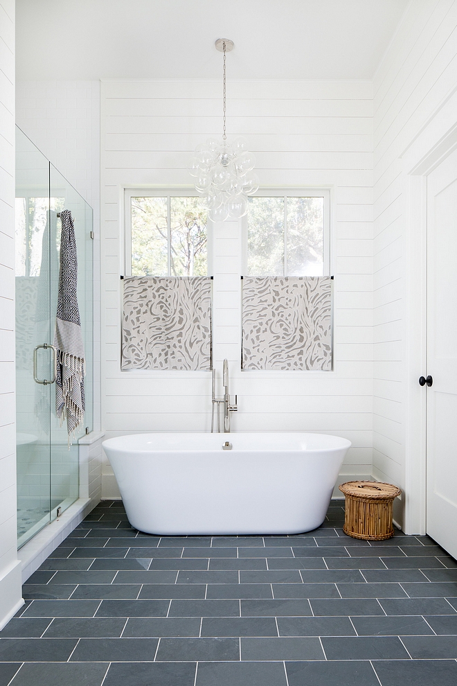 Farmhouse bathroom with shiplap and grey slate floor tile set in brick pattern New ideas Farmhouse bathroom with shiplap and grey slate floor tile set in brick pattern Farmhouse bathroom with shiplap and grey slate floor tile set in brick pattern #Farmhousebathroom #shiplap #slatefloortile #floortile #brickpattern