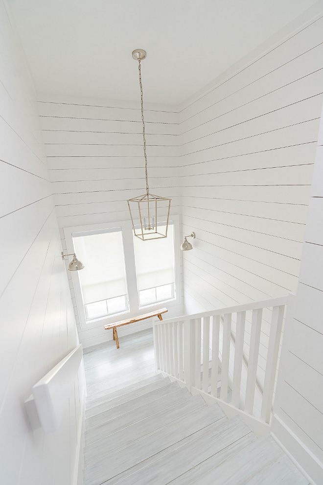 Sherwin Williams SW 7005 Pure White Shiplap and stair threads paint color Sherwin Williams SW 7005 Pure White Sherwin Williams SW 7005 Pure White #SherwinWilliamsSW7005PureWhite