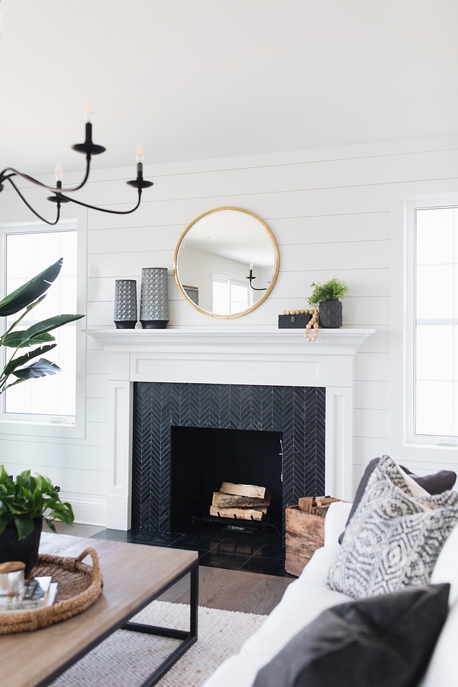 Farmhouse Fireplace with shiplap paneling and black chevron tile Modern Farmhouse Fireplace with shiplap paneling and black chevron tile #modernfarmhouse #FarmhouseFireplace #shiplap #paneling #blackchevrontile #chevrontile