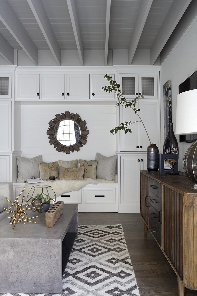 Grey Ceiling Paint Color Family room features built-in lockers painted in Benjamin Moore White Dove Grey Ceiling is exposed framing painted Benjamin Moore Northern Cliffs #GreyCeiling #BenjaminMooreNorthernCliffs