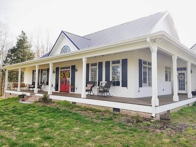 Farmhouse wrap-around porch with black shutters and metal roof Farmhouse wrap-around porch with black shutters and metal roof Farmhouse wrap-around porch with black shutters and metal roof Farmhouse wrap-around porch with black shutters and metal roof #Farmhouse #wraparoundporch #blackshutters #metalroof