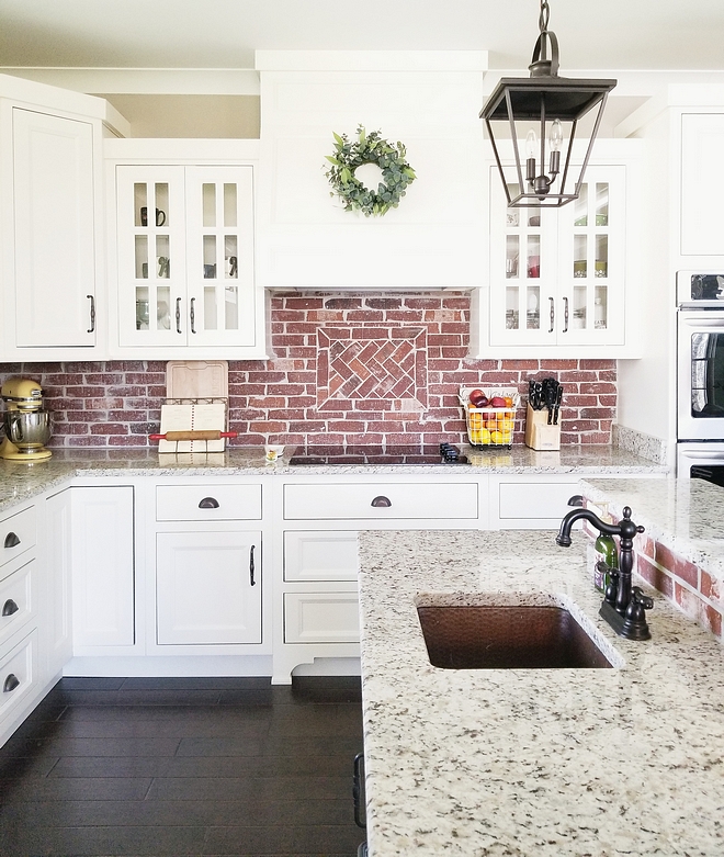 Brick Backsplash The backsplash is General Shale Old Louisville Tudor thin brick White kitchen with Brick Backsplash White kitchen with Brick Backsplash White kitchen with Brick Backsplash White kitchen with Brick Backsplash #Whitekitchen #BrickBacksplash