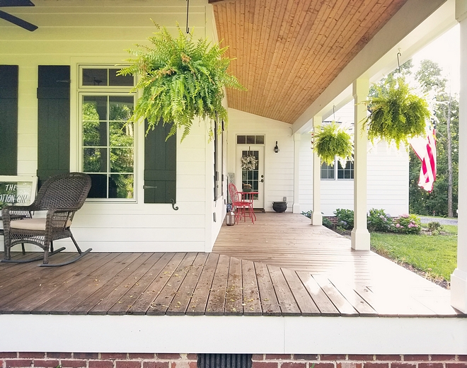 Front Porch The front porch is made of 5/4 x 6 pressure treated pine stained with Super Deck SW 3542 Charwood. The bead board ceiling is currently a natural finish, with plans to stain to allow the dark/golden undertones to bleed through #frontporch