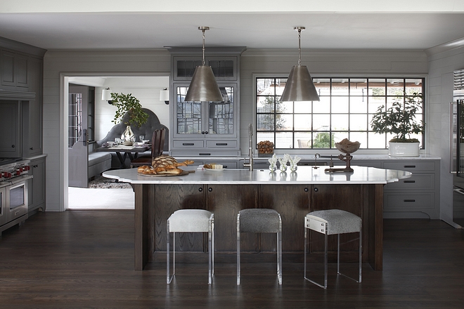 Grey Kitchen Paint Color Benjamin Moore Northern Cliffs Open to the kitchen, the 10-foot long island of Alabama White marble was designed as the focal point Walls are Pine Paneling, Benjamin Moore Northern Cliffs #BenjaminMooreNorthernCliffs