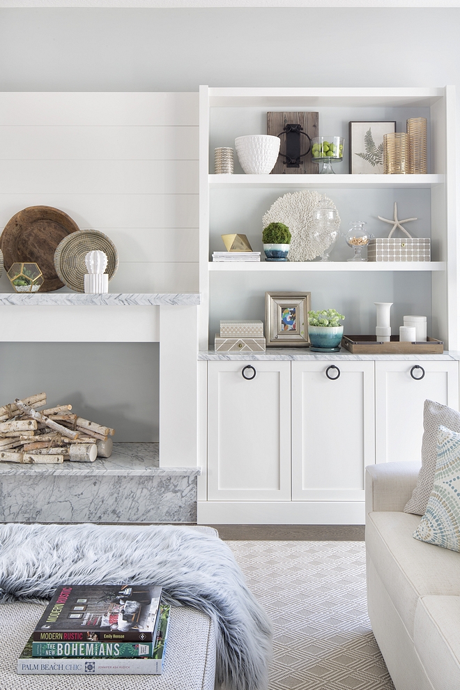Bookshelf Paint Color The paint color used on wainscoting and built-ins is Benjamin Moore Decorators White. The interiors of the bookshelves is Benjamin Moore Sleigh Bells 140 #paintcolor