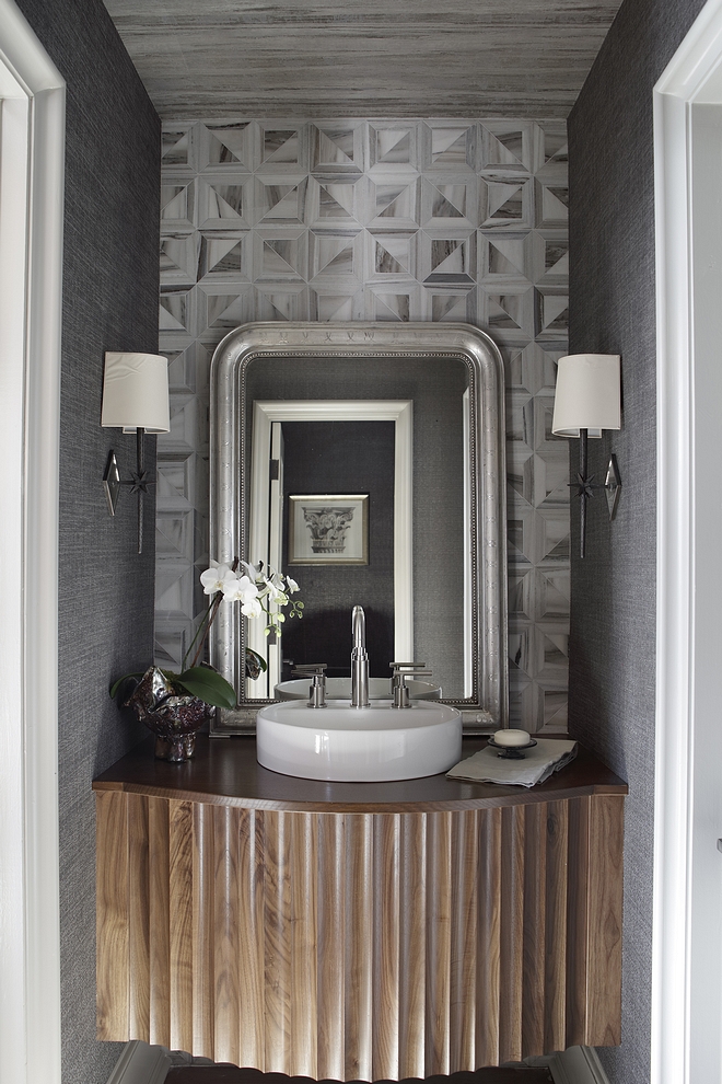 Powder Room Vanity The wallcovering is Phillip Jeffries and Nobilis Custom Powder Room Vanity Powder Room Vanity #PowderRoomVanity