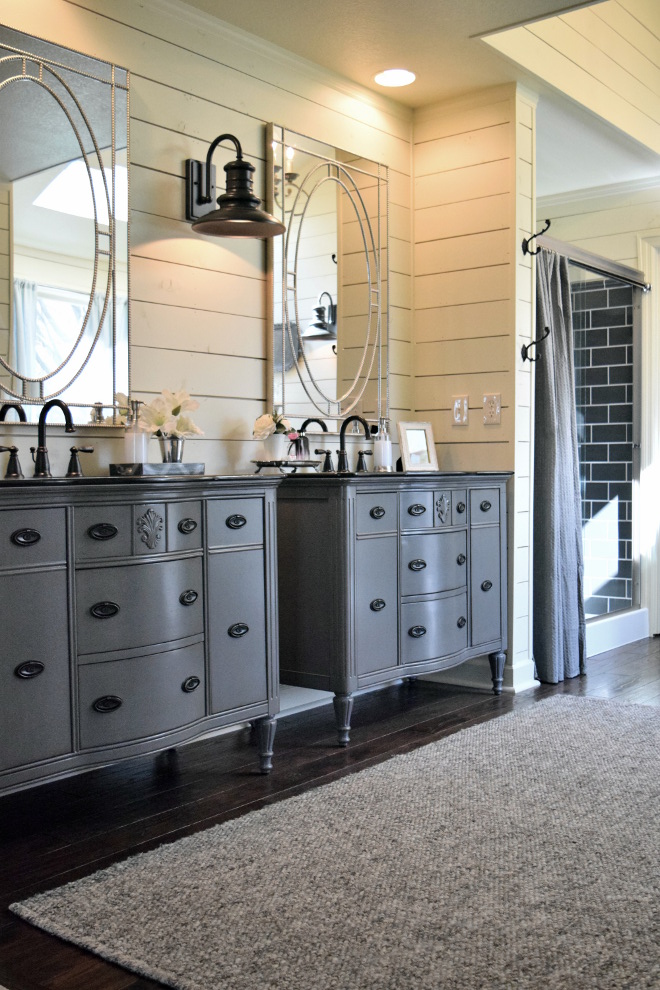  Benjamin Moore Chelsea Gray Benjamin Moore Chelsea Gray Farmhouse bathroom with grey vanities painted Benjamin Moore Chelsea Gray #BenjaminMooreChelseaGray