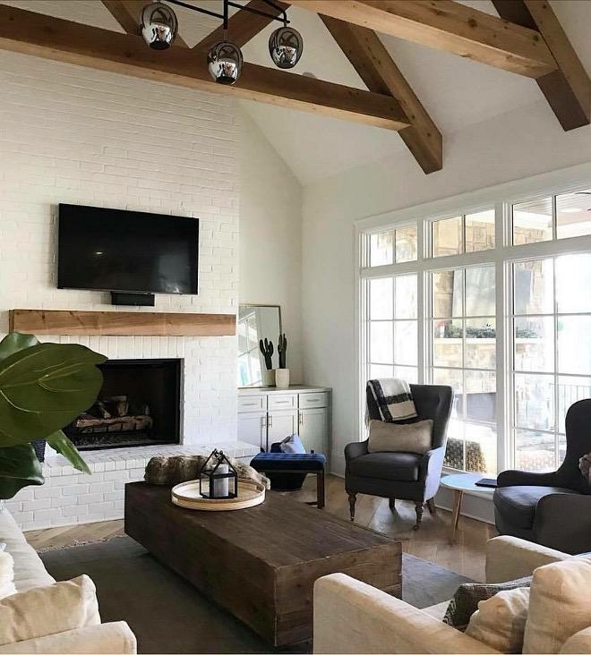 Farmhouse Family Room Farmhouse Family Room decor Farmhouse Family Room furniture Farmhouse Family Room brick fireplace Trusses #FarmhouseFamilyRoom