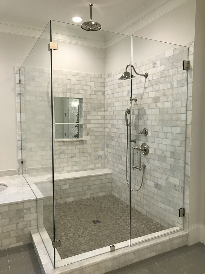 Master shower walls Alba Vera marble 3x6 polished tile #showertile #showerwalls #tile