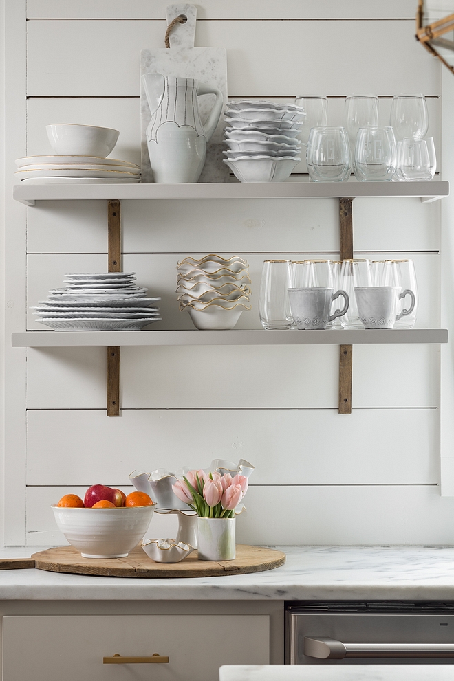 The custom kitchen shelves are painted in Benjamin Moore Revere Pewter to match the cabinets #kitchenshelves #Benjaminmoorereverepewter