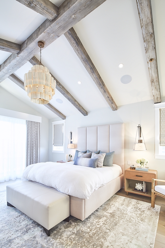 Dunn-Edwards DEC786 'Whisper Grey' Bedroom Grey bedroom paint color with reclaimed wood vaulted ceiling beams Dunn-Edwards DEC786 'Whisper Grey' #DunnEdwardsDEC786WhisperGrey #ceilingbeams #reclaimedbeams #vaultedceiling #bedroom