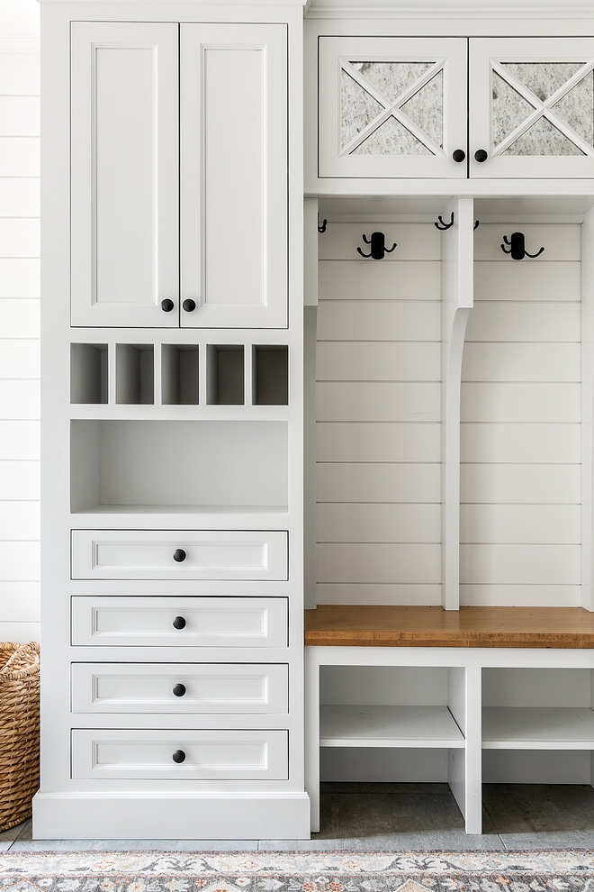 Mudroom Cabinet Dropzone Mudroom Cabinet Dropzone The mudroom upper cabinets are inset with antiqued mirror Mudroom Cabinet Ideas Dropzone Mudroom Cabinet #Dropzone #Mudroom #Cabinet