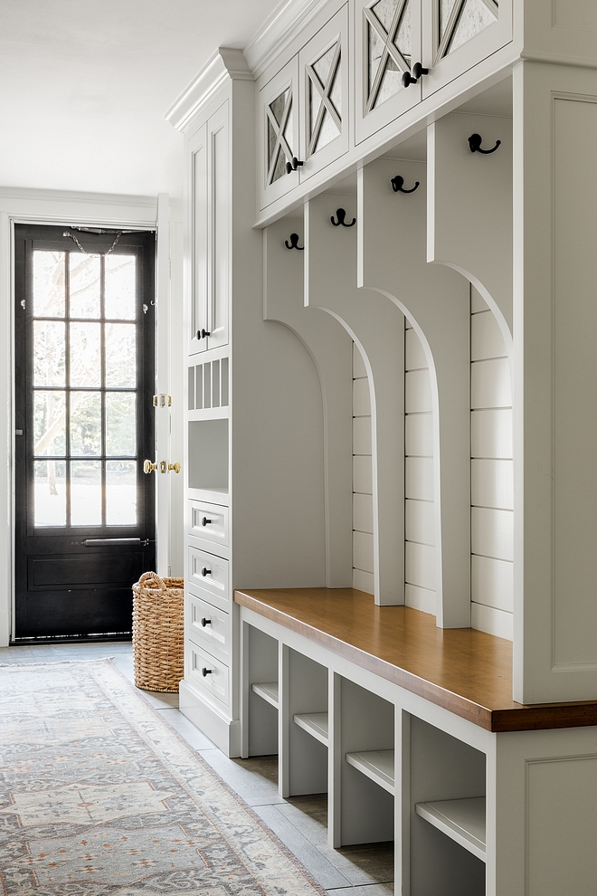 Mudroom Renovation Mudroom Renovation Ideas The lockers feature a stained wood bench, shiplap back and a built-in drop-zone with drawers Mudroom Renovation Cabinet Mudroom Cabinet Renovation #MudroomRenovation #Mudroom