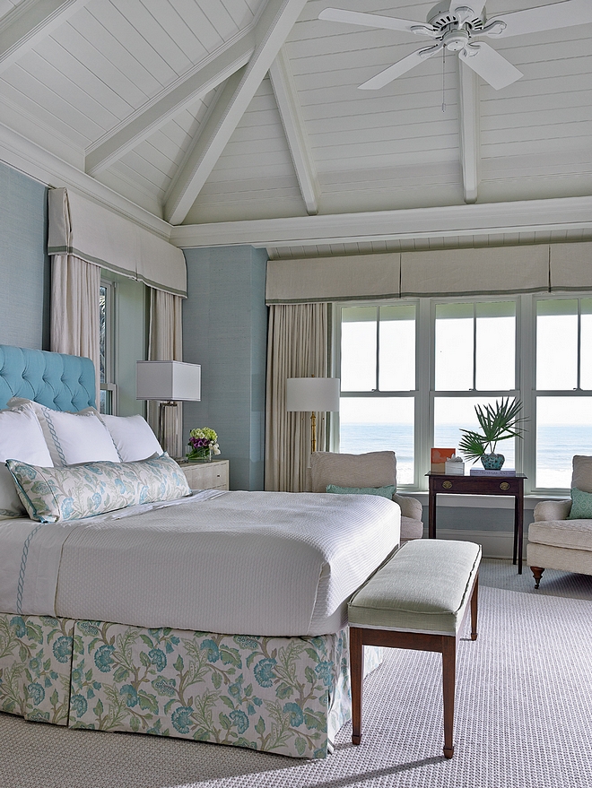 Master Bedroom Classic Coastal master bedroom Ceiling is vaulted painted board on board - BM White Dove in semi-gloss #masterbedroom #coastal #coastalbedroom #classiccoastal