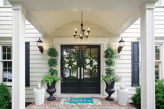 Exterior color palette Front door paint color Sherwin Williams Tricorn Black House Color Sherwin Williams Fencepost White House Trim is Sherwin Williams Coconut Grove #Exteriorcolorpalette #colorpalette