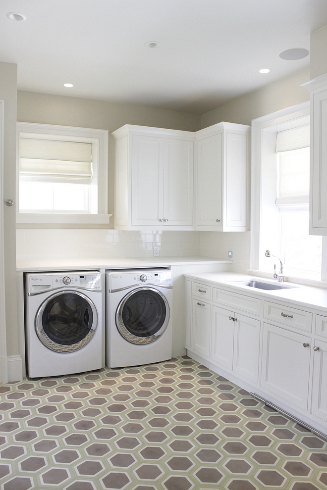 Laundry room wall paint color is Tapestry Beige by Benjamin Moore and cabinets are White Dove by Benjamin Moore. These neutral colors work really well together #BenjaminMoore #neutralpaintcolors #neutrals