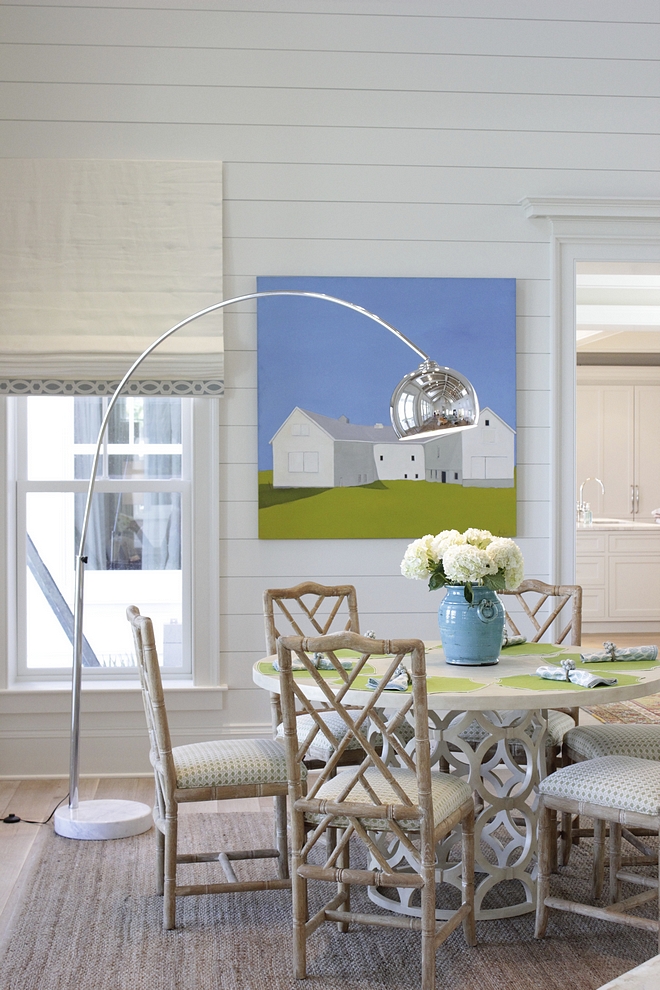 Cottage Breakfast Nook with round white dining table and Faux Bamboo Chippendale Dining Chairs Cottage Breakfast Nook #Cottage #BreakfastNook