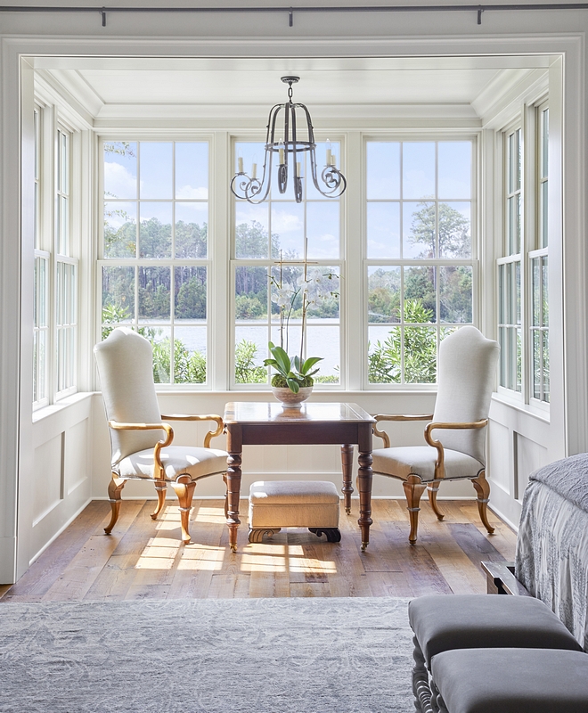 Bedroom sitting area The sitting area off the master bedroom has panoramic views of the lake and provides ample natural light into the master bedroom #bedroom #sittingarea