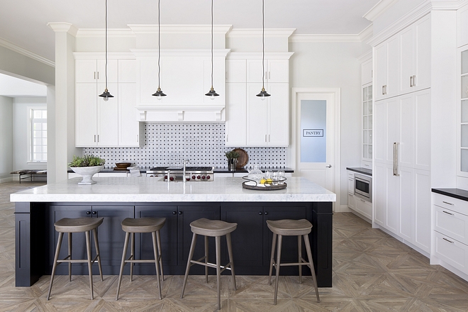 -Kitchen features oversized dining area, parquet floors, leathered marble countertops and dream pantry with custom cabinetry #kitchen #kitcheninspo #kitchengoals