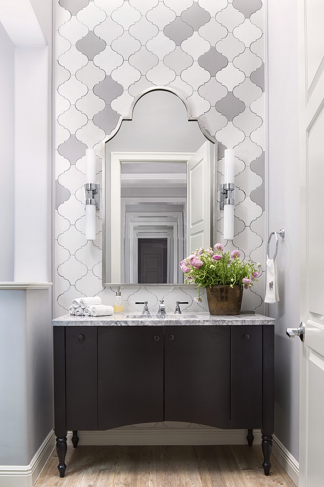 Benjamin Moore OC-52 Gray Owl Bathroom painted in Benjamin Moore OC-52 Gray Owl with accent wall tile Benjamin Moore OC-52 Gray Owl #BenjaminMooreOC52GrayOwl