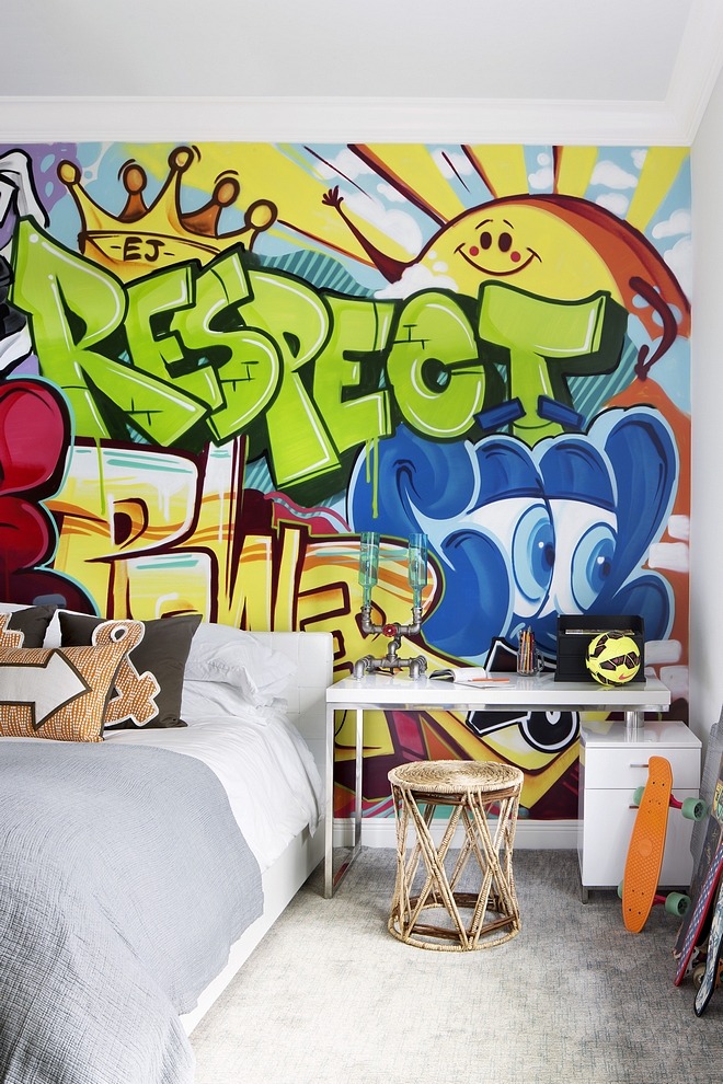Teen bedroom design The designer hired a graffiti artist to paint this on the wall #teenbedroom #teenbedroomdesign