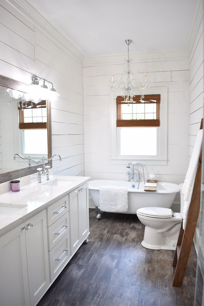 Farmhouse Master Bath The master bath was completely gutted and is brand new I wanted clean, simple lines and again, soothing, calming spaces #FarmhouseMasterBath