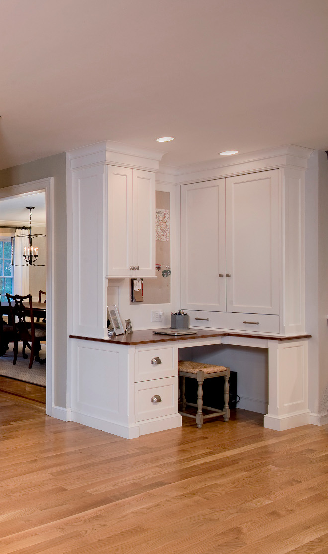 Kitchen Desk Kitchen Desk with storage Kitchen Desk A custom desk was installed with a linen covered bulletin board, recessed printer station hidden away #KitchenDesk #desk #deskstorage