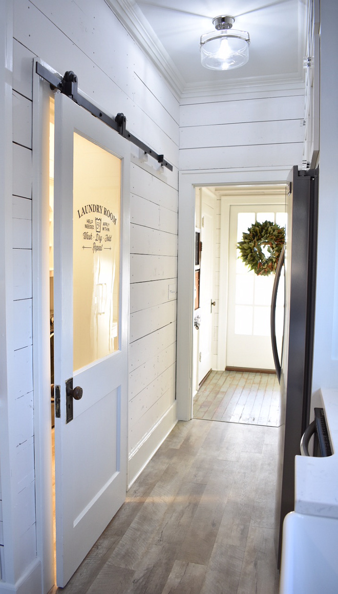 Laundry Room Barn Door paint color Sherwin Williams Snowbond Laundry Room Barn Door Farmhouse Laundry Room Barn Door #LaundryRoomBarnDoor #LaundryRoom #BarnDoor #paintcolor #SherwinWilliamsSnowbond