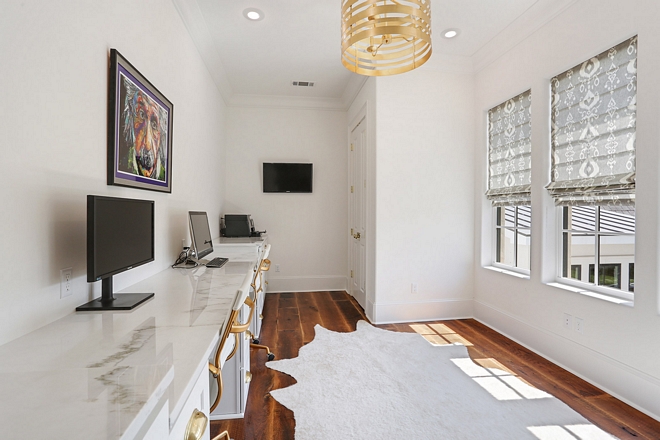 Home Office off master bedroom with long custom desk for two Countertop is Calacatta Linear Marble #homeoffice