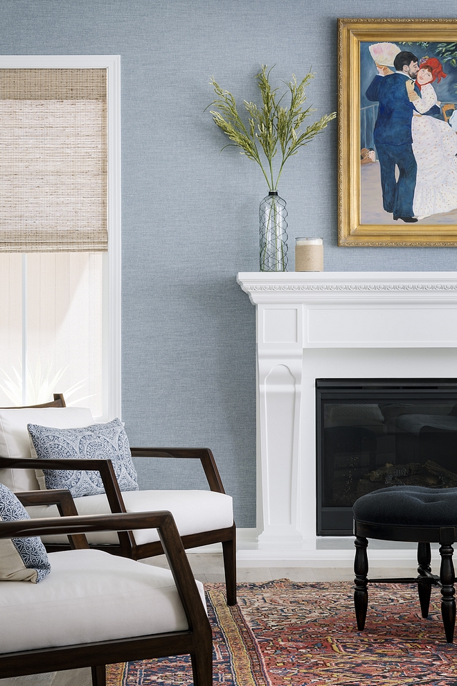 Light blue Grasscloth wallpaper Living room with white trim and Light blue Grasscloth wallpaper #LightblueGrassclothwallpaper #Grassclothwallpaper