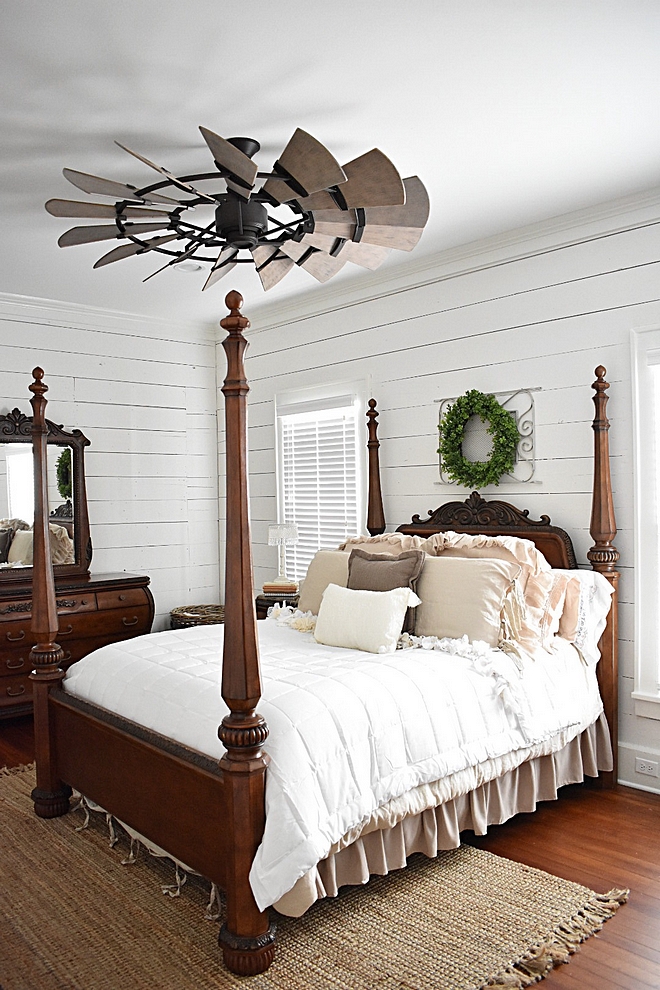 Farmhouse Bedroom with original shiplap walls and windmill ceiling fan #FarmhouseBedroom #farmhouse #Bedroom #shiplap #windmillceilingfan #windmillfan