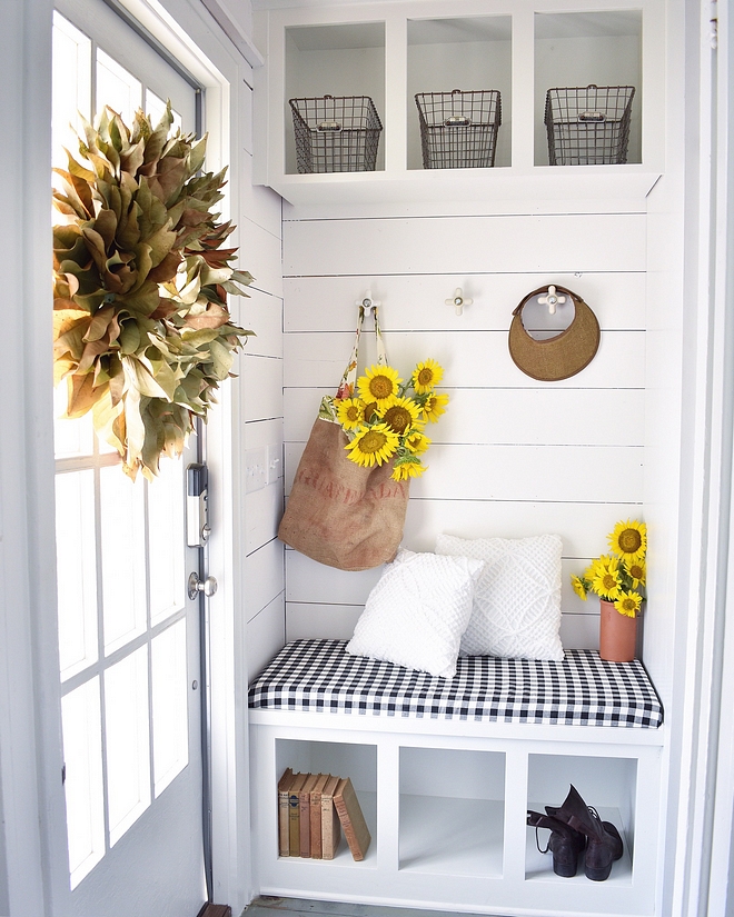 Small Mudroom Small mudroom with bench and shiplap The knobs are the former plumbing fixtures from the master bath #SmallMudroom #mudroom #mudroombench #shiplap
