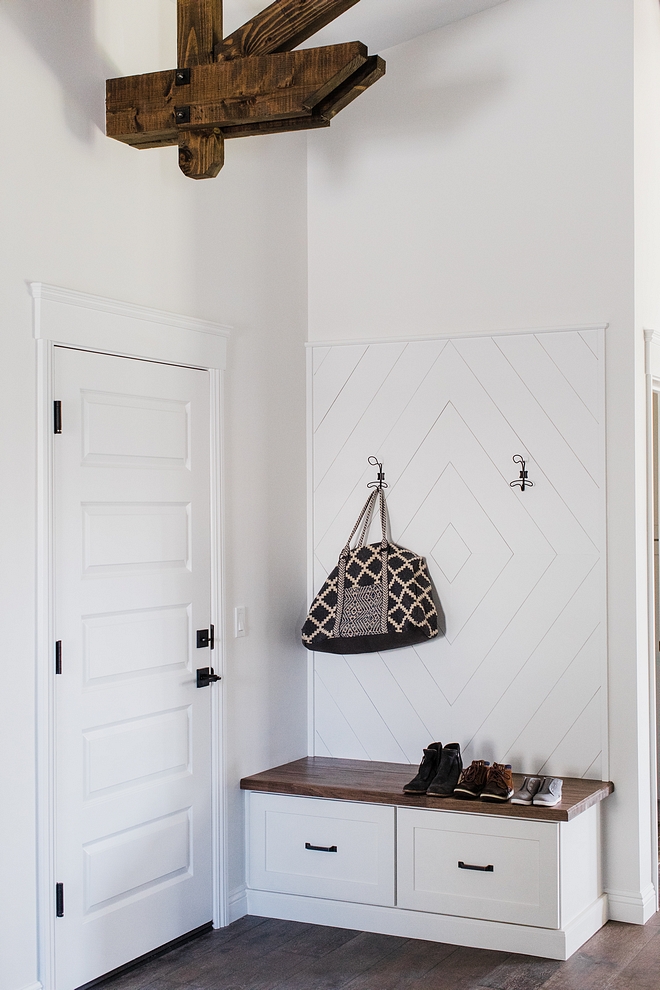 Mudroom Entry features built in bench with drawer and Shiplap in a Diamond Shape wainscoting #Mudroom #builtinbench #Shiplap #wainscoting