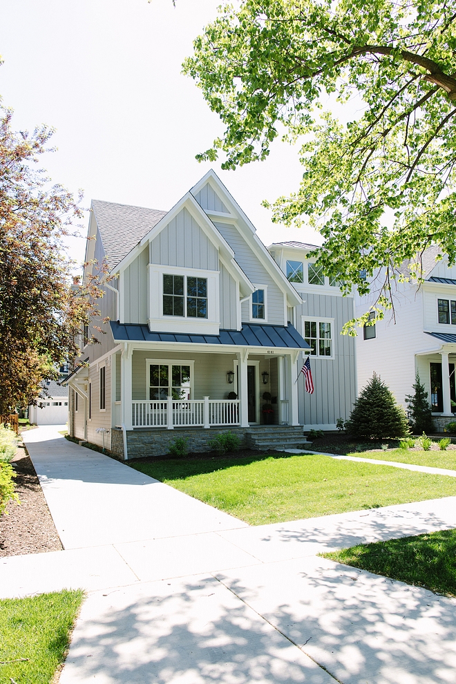 Hardie siding and board and batten in Pearl Gray Exterior Trim Hardie Trim in Arctic White #Hardiesiding #boardandbatten #HardiePearlGray #GrayExterior #HardieTrim #ArcticWhite