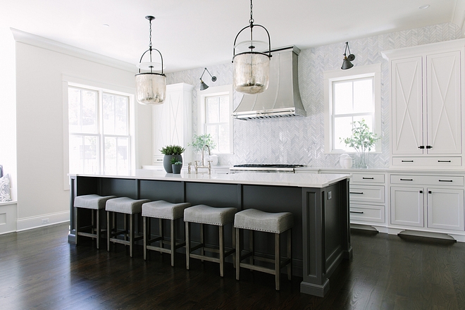 Kitchen Kitchen is almost 20’ long and the custom cabinets are painted in Benjamin Moore Simply White #kitchen #BenjaminMooreSimplyWhitekitchen #BenjaminMooreSimplyWhite