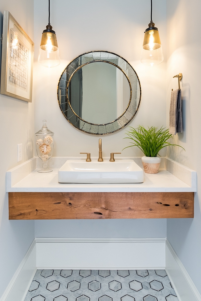 Floating Vanity Bathroom The apron was hand selected from a local supplier of reclaimed wood and stained in a cedar tone Benjamin Moore Natural Cedar Tone #FloatingVanity #Bathroom