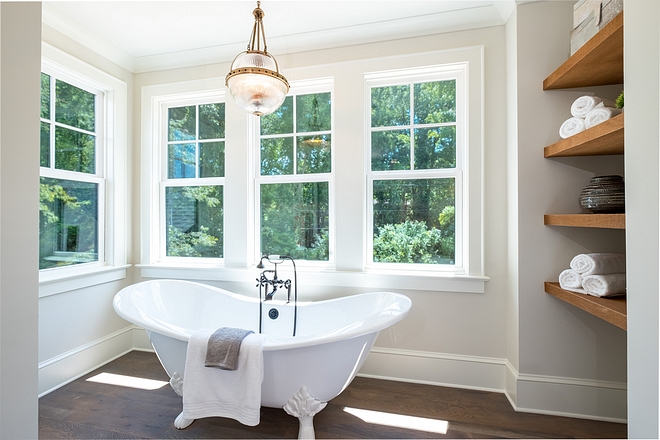 Bath nook with cedar shelves niche becomes a convenient spot for towels and accessories Floating shelving #bathroom #bathnook #niche #shelvesniche #shelvingniche #floatingshelves