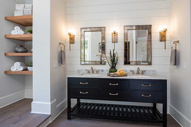 Bathroom Bringing together white shiplap, an espresso vanity, brass hardware, and cedar wood shelves was the perfect combo for this bathroom #Bringing together white shiplap, an espresso vanity, brass hardware, and cedar wood shelves was the perfect combo for this bathroom #bathroom #shiplap #vanity